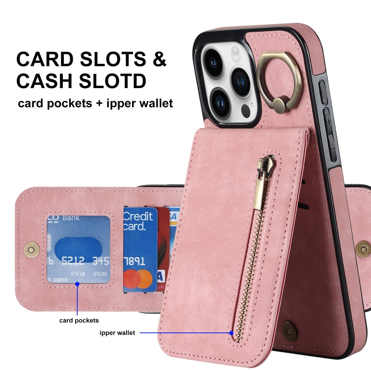 For iPhone 15 Pro Max Retro Ring and Zipper RFID Card Slot Phone Case(Pink) - iPhone 15 Pro Max Cases by buy2fix | Online Shopping UK | buy2fix