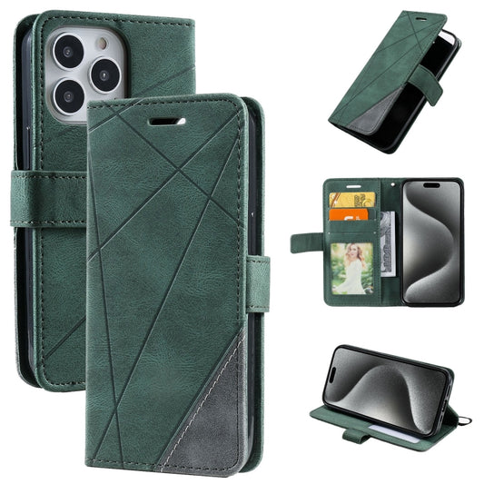 For iPhone 15 Pro Max Skin Feel Splicing Leather Phone Case(Green) - iPhone 15 Pro Max Cases by buy2fix | Online Shopping UK | buy2fix