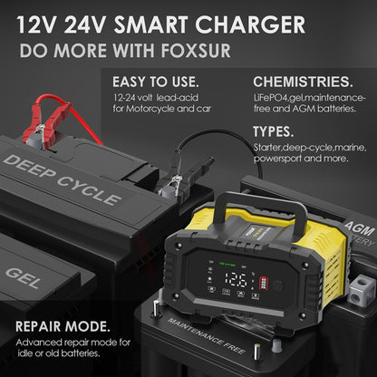 FOXSUR 12V / 24V 10A Portable Motorcycle Car Smart Battery Charger(US Plug) - Battery Charger by FOXSUR | Online Shopping UK | buy2fix