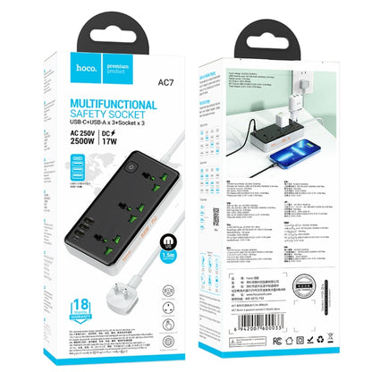 hoco AC7 Storm 3-position Socket with USB-C+3USB Ports, Cable Length: 1.5m, US Plug(Black) - Extension Socket by hoco | Online Shopping UK | buy2fix