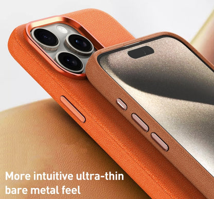 For iPhone 15 Pro Metal Lens Frame Leather Magsafe Full Coverage Shockproof Phone Case(Brown) - iPhone 15 Pro Cases by buy2fix | Online Shopping UK | buy2fix