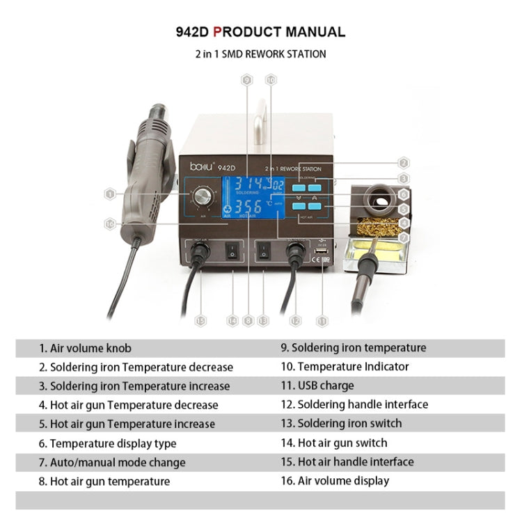 BAKU BA-942D 110V 700W 2 in 1 Digital Display Adjustable Temperature Hot Air Gun Set, US Plug - Electric Soldering Iron by BAKU | Online Shopping UK | buy2fix