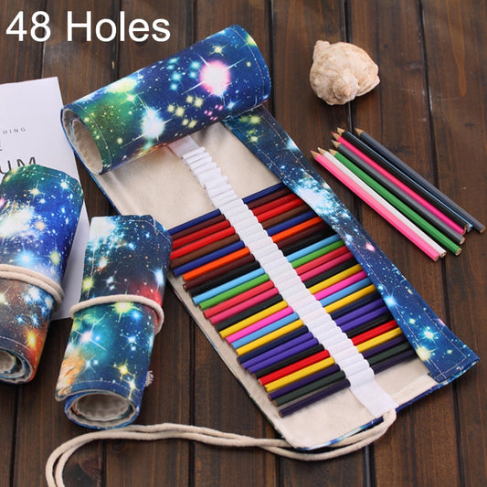 48 Slots Cosmic Galaxy Print Pen Bag Canvas Pencil Wrap Curtain Roll Up Pencil Case Stationery Pouch - Home & Garden by buy2fix | Online Shopping UK | buy2fix