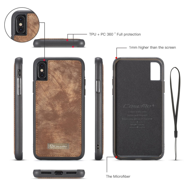 For iPhone X / XS CaseMe-008 TPU + PC Magnetic Absorption Detachable Back Cover Horizontal Flip Leather Case with Holder & Card Slots & Zipper Wallet & Photo Frame(Brown) - More iPhone Cases by CaseMe | Online Shopping UK | buy2fix