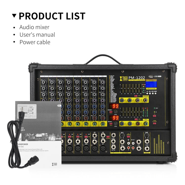 XTUGA PM1202 900W 10 Channel Stage Power Mixer 24Bit Multil-FX Processor Dual 99 DSP Effect DJ Amplifier (UK Plug) - Live Sound Effects Processors by XTUGA | Online Shopping UK | buy2fix