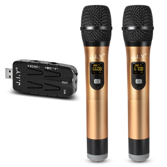 J.I.Y 2 in 1 K Song Wireless Microphones for TV PC with Audio Card USB Receiver and LED Display (Gold) - Consumer Electronics by buy2fix | Online Shopping UK | buy2fix