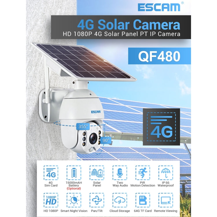 ESCAM QF480 EU Version HD 1080P IP66 Waterproof 4G Solar Panel PT IP Camera with Battery, Support Night Vision / Motion Detection / TF Card / Two Way Audio (White) - Dome Camera by ESCAM | Online Shopping UK | buy2fix