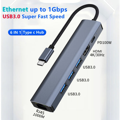 BYL-2210 6 in 1 USB-C / Type-C to USB Multifunctional Docking Station HUB Adapter with 1000M Network Port - Computer & Networking by buy2fix | Online Shopping UK | buy2fix