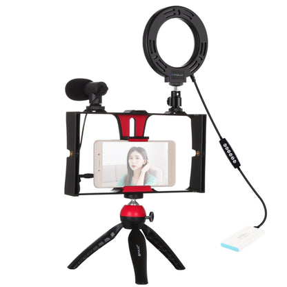 PULUZ 4 in 1 Vlogging Live Broadcast Smartphone Video Rig + 4.7 inch 12cm RGBW Ring LED Selfie Light + Microphone + Pocket Tripod Mount Kits with Cold Shoe Tripod Head(Red) - Camera Cage by PULUZ | Online Shopping UK | buy2fix