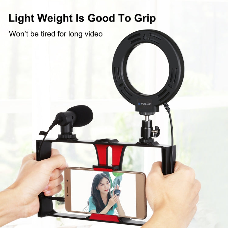 PULUZ 4 in 1 Vlogging Live Broadcast Smartphone Video Rig + 4.7 inch 12cm RGBW Ring LED Selfie Light + Microphone + Pocket Tripod Mount Kits with Cold Shoe Tripod Head(Red) - Camera Cage by PULUZ | Online Shopping UK | buy2fix