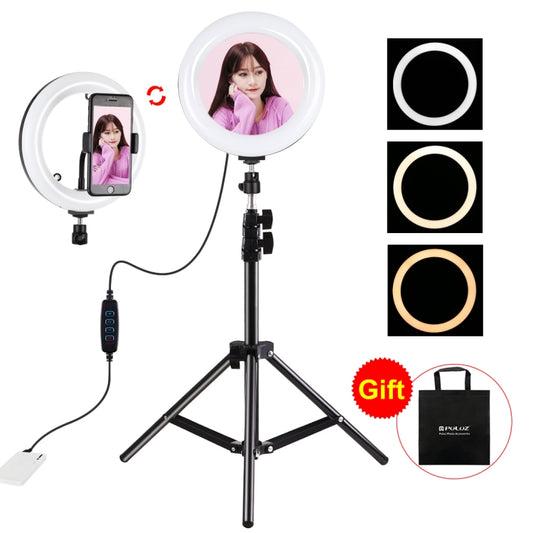 PULUZ 7.9 inch 20cm Mirror Light+ 1.1m Tripod Mount USB 3 Modes Dimmable Dual Color Temperature LED Curved Light Ring Vlogging Selfie Photography Video Lights with Mirror & Phone Clamp(Black) - Ring Light by PULUZ | Online Shopping UK | buy2fix