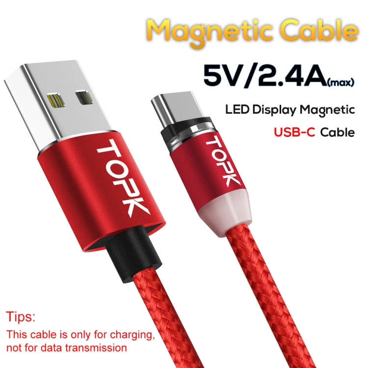 TOPK 2m 2.4A Max USB to USB-C / Type-C Nylon Braided Magnetic Charging Cable with LED Indicator(Red) - Mobile Accessories by TOPK | Online Shopping UK | buy2fix