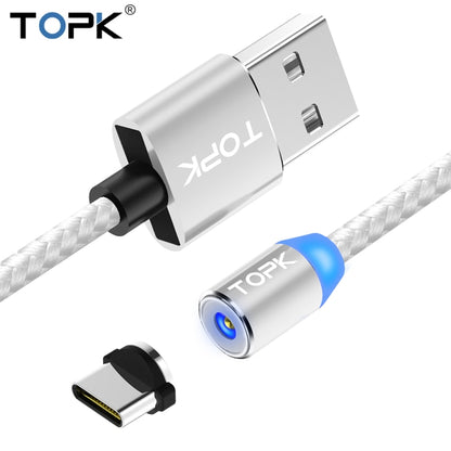 TOPK 2m 2.4A Max USB to USB-C / Type-C Nylon Braided Magnetic Charging Cable with LED Indicator(Silver) - Mobile Accessories by TOPK | Online Shopping UK | buy2fix