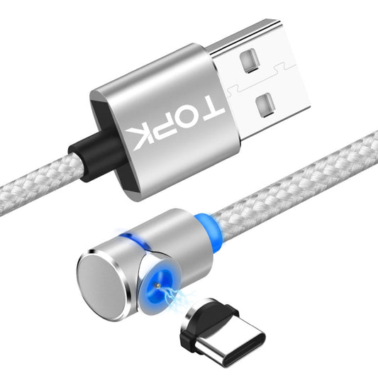 TOPK 1m 2.4A Max USB to USB-C / Type-C 90 Degree Elbow Magnetic Charging Cable with LED Indicator(Silver) - Mobile Accessories by TOPK | Online Shopping UK | buy2fix