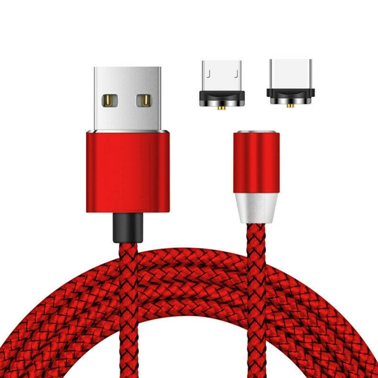 2 in 1 USB to Micro USB + USB-C / Type-C Magnetic Metal Connector Nylon Two-color Braided Magnetic Data Cable, Cable Length: 1m(Red) - Mobile Accessories by buy2fix | Online Shopping UK | buy2fix