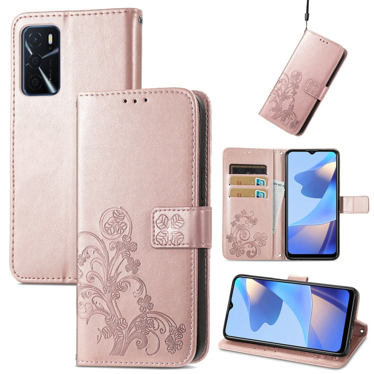 For OPPO A16 Four-leaf Clasp Embossed Buckle Leather Phone Case(Rose Gold) - OPPO & vivo Accessories by buy2fix | Online Shopping UK | buy2fix