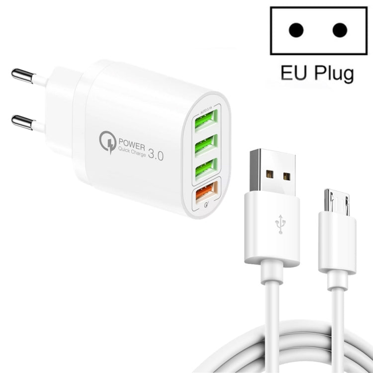 QC-04 QC3.0 + 3 x USB2.0 Multi-ports Charger with 3A USB to Micro USB Data Cable, EU Plug(White) - Mobile Accessories by buy2fix | Online Shopping UK | buy2fix