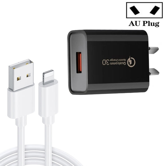 CA-25 QC3.0 USB 3A Fast Charger with USB to 8 Pin Data Cable, AU Plug(Black) - Apple Accessories by buy2fix | Online Shopping UK | buy2fix