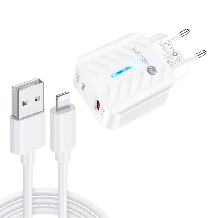 PD03 20W PD3.0 + QC3.0 USB Charger with USB to 8 Pin Data Cable, EU Plug(White) - USB Charger by buy2fix | Online Shopping UK | buy2fix