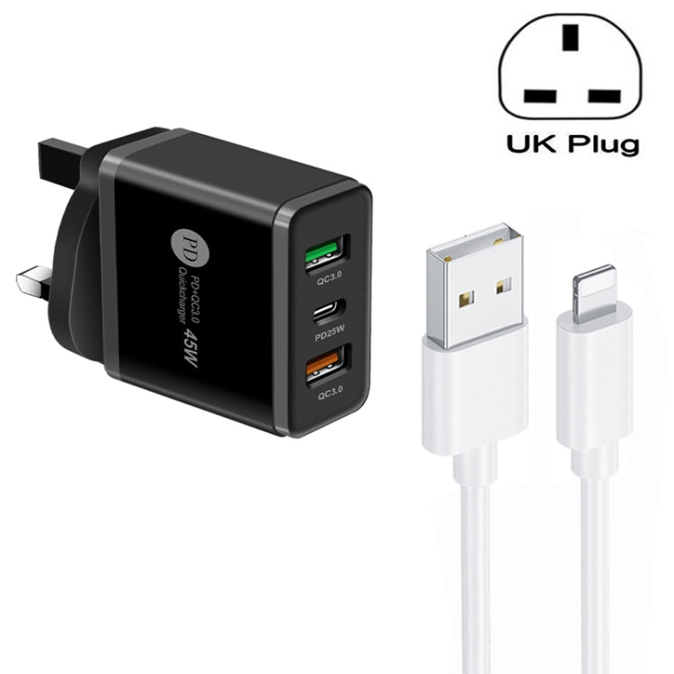 45W PD25W + 2 x QC3.0 USB Multi Port Charger with USB to 8 Pin Cable, UK Plug(Black) - Apple Accessories by buy2fix | Online Shopping UK | buy2fix