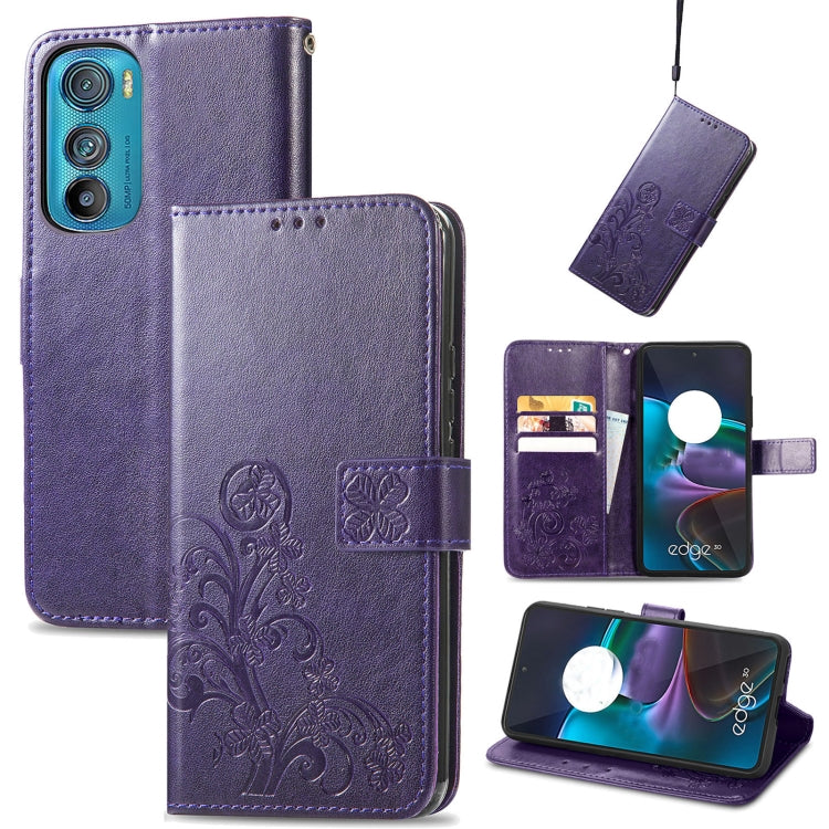 For Motorola Edge 30 Four-leaf Clasp Embossed Buckle Leather Phone Case(Purple) - Motorola Cases by buy2fix | Online Shopping UK | buy2fix