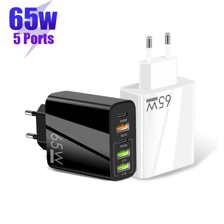65W Dual PD Type-C + 3 x USB Multi Port Charger with 3A USB to Type-C Data Cable, EU Plug(Black) - Mobile Accessories by buy2fix | Online Shopping UK | buy2fix