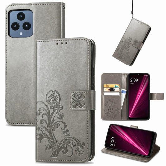 For T-Mobile REVVL 6 5G Four-leaf Clasp Embossed Buckle Leather Phone Case(Gray) - More Brand by buy2fix | Online Shopping UK | buy2fix