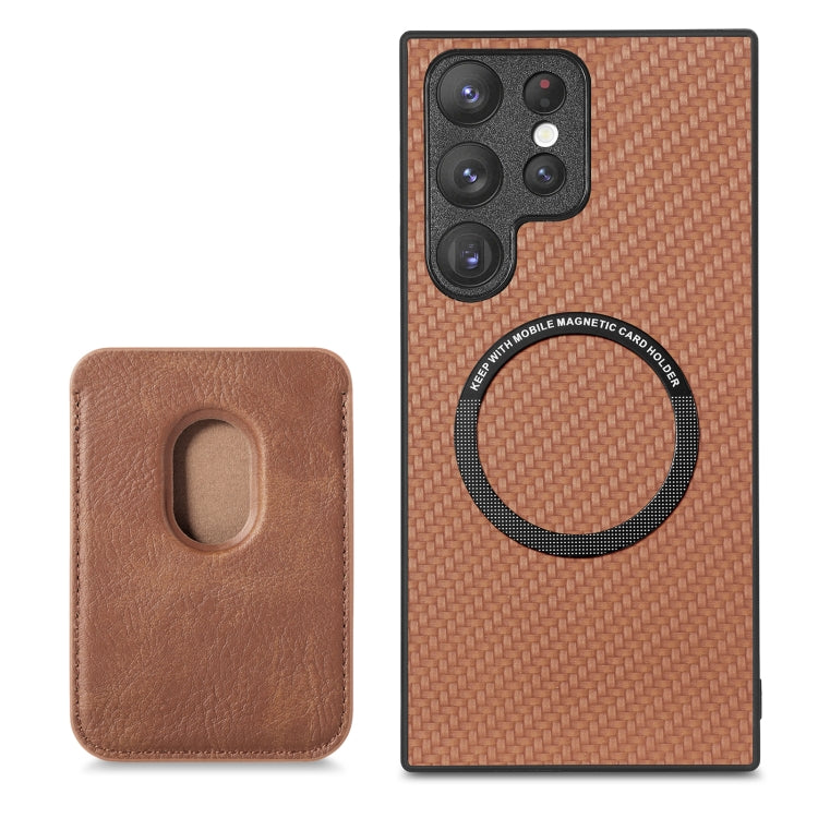 For Samsung Galaxy S22 Ultra 5G Carbon Fiber Leather Card Magsafe Magnetic Phone Case(Brown) - Galaxy S22 Ultra 5G Cases by buy2fix | Online Shopping UK | buy2fix