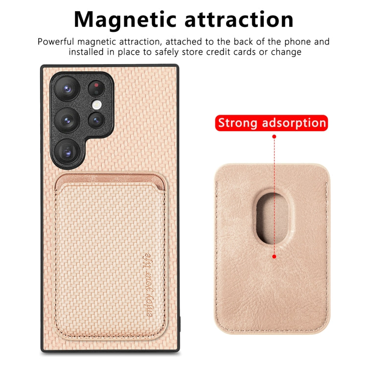 For Samsung Galaxy S22 Ultra 5G Carbon Fiber Leather Card Magsafe Magnetic Phone Case(Khaki) - Galaxy S22 Ultra 5G Cases by buy2fix | Online Shopping UK | buy2fix