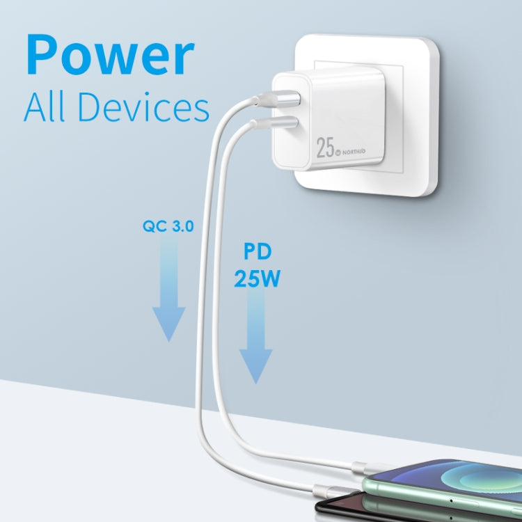 NORTHJO NOPD2502 PD 25W USB-C/Type-C + QC 3.0 USB Dual Ports Fast Charger, Plug Type:US Plug(White) - USB Charger by NORTHJO | Online Shopping UK | buy2fix