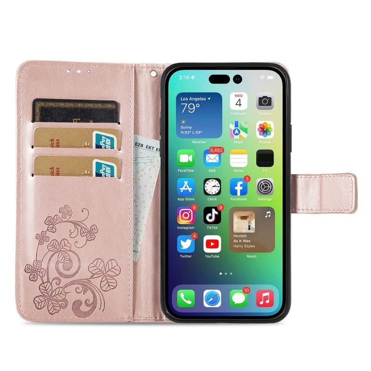 For iPhone 15 Pro Max Four-leaf Clasp Embossed Buckle Leather Phone Case(Rose Gold) - iPhone 15 Pro Max Cases by buy2fix | Online Shopping UK | buy2fix
