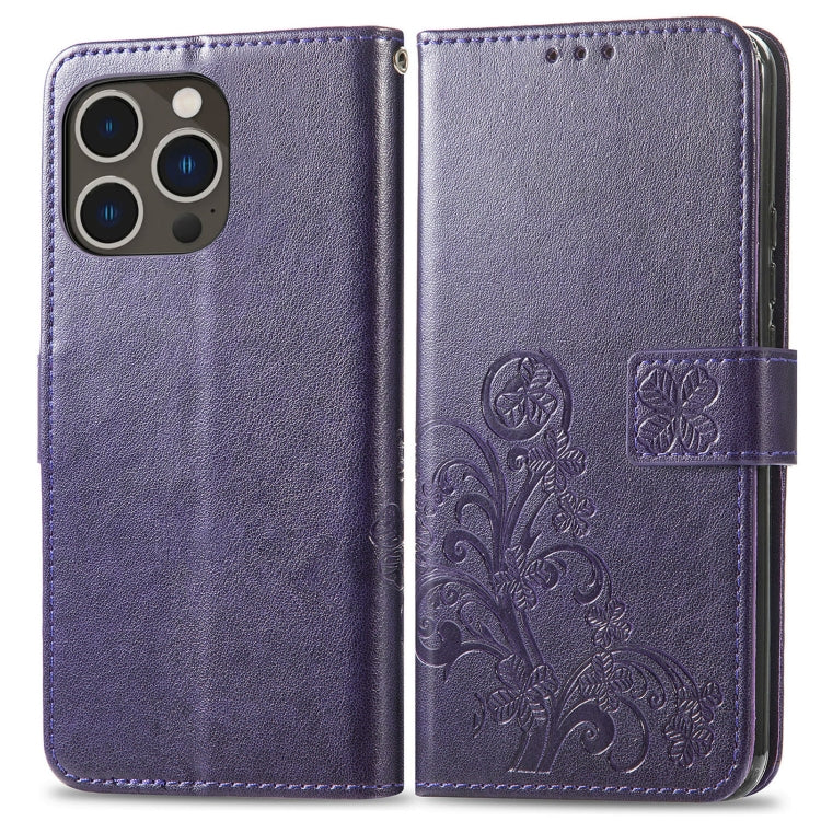 For iPhone 15 Pro Max Four-leaf Clasp Embossed Buckle Leather Phone Case(Purple) - iPhone 15 Pro Max Cases by buy2fix | Online Shopping UK | buy2fix