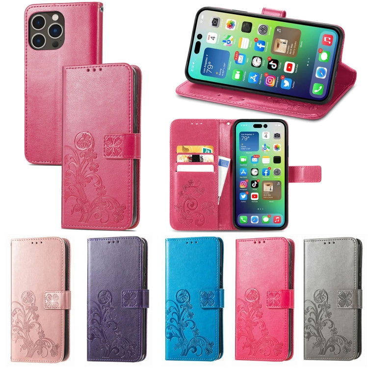 For iPhone 15 Pro Four-leaf Clasp Embossed Buckle Leather Phone Case(Magengta) - iPhone 15 Pro Cases by buy2fix | Online Shopping UK | buy2fix