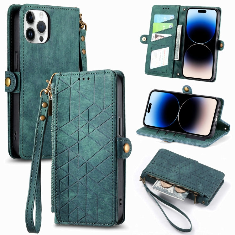 For iPhone 14 Pro Max Geometric Zipper Wallet Side Buckle Leather Phone Case(Green) - iPhone 14 Pro Max Cases by buy2fix | Online Shopping UK | buy2fix