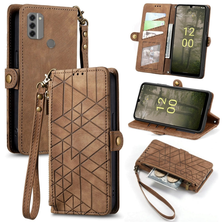 For Nokia C31 Geometric Zipper Wallet Side Buckle Leather Phone Case(Brown) - Nokia Cases by buy2fix | Online Shopping UK | buy2fix