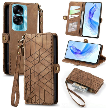 For Honor 90 Lite / X50i Geometric Zipper Wallet Side Buckle Leather Phone Case(Brown) - Honor Cases by buy2fix | Online Shopping UK | buy2fix