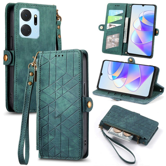 For Honor X7A Geometric Zipper Wallet Side Buckle Leather Phone Case(Green) - Honor Cases by buy2fix | Online Shopping UK | buy2fix