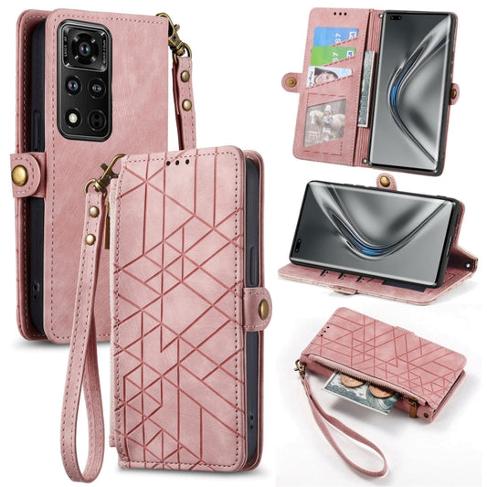 For Honor V40 Geometric Zipper Wallet Side Buckle Leather Phone Case(Pink) - Honor Cases by buy2fix | Online Shopping UK | buy2fix