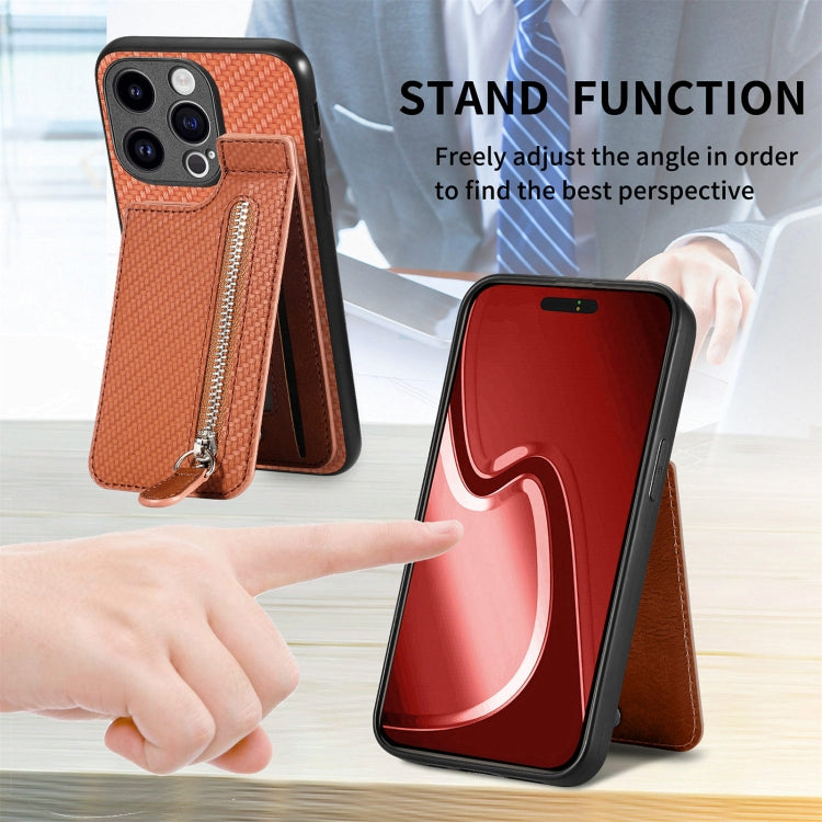 For iPhone 15 Pro Max Carbon Fiber Vertical Flip Zipper Phone Case(Brown) - iPhone 15 Pro Max Cases by buy2fix | Online Shopping UK | buy2fix