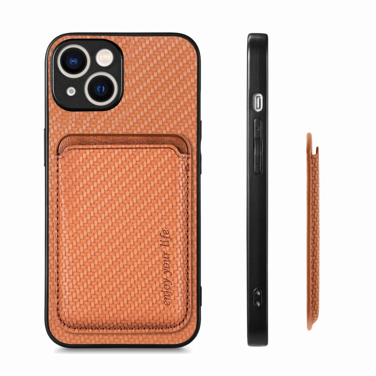 For iPhone 15 Plus Carbon Fiber Leather Card Magsafe Phone Case(Brown) - iPhone 15 Plus Cases by buy2fix | Online Shopping UK | buy2fix