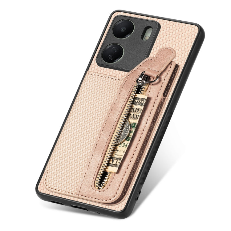 For Xiaomi  Redmi 13C Carbon Fiber Flip Zipper Wallet Phone Case(Apricot) - 13C Cases by buy2fix | Online Shopping UK | buy2fix