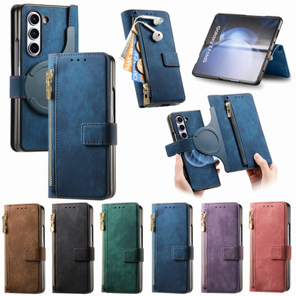 For Samsung Galaxy Z Fold4 Retro MagSafe Magnetic Zipper Wallet Leather Phone Case(Brown) - Galaxy Z Fold4 5G Cases by buy2fix | Online Shopping UK | buy2fix