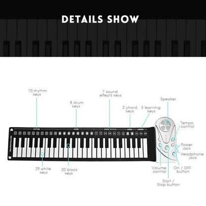 49-Key Portable Hand-Rolled Piano With Horn Children Beginners To Practice Electronic Piano(Elegant Black) - Keyboard Instruments by buy2fix | Online Shopping UK | buy2fix