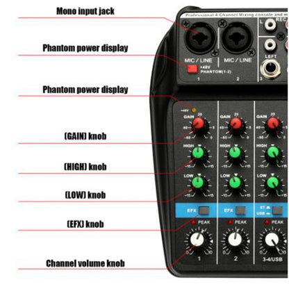 TU04 BT Sound Mixing Console Record 48V Phantom Power Monitor AUX Paths Plus Effects 4 Channels Audio Mixer with USB(Black) - Consumer Electronics by buy2fix | Online Shopping UK | buy2fix