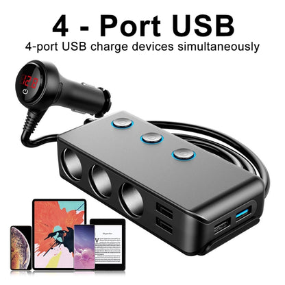 Car Cigarette Lighter Car Charger 3USB Port +1 QC3.0 + 3 Cigarette Lighter Ports + Back Clip Design + LED Display(HC67A) - In Car by buy2fix | Online Shopping UK | buy2fix