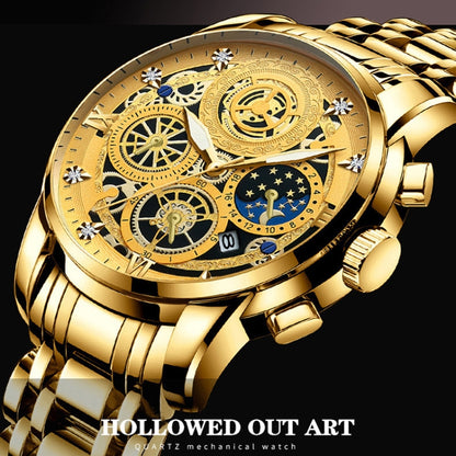 BINBOND 4010 Multifunctional Waterproof Hollowed Luminous Quartz Watch(Inter-gold Black Surface) - Metal Strap Watches by BINBOND | Online Shopping UK | buy2fix