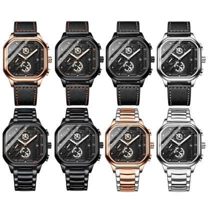 BINBOND B6577 30M Waterproof Luminous Square Quartz Watch, Color: Black Leather-Rose Gold - Leather Strap Watches by BINBOND | Online Shopping UK | buy2fix