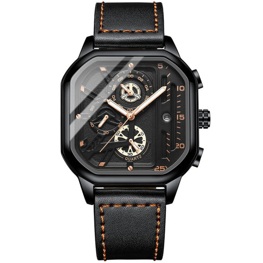 BINBOND B6577 30M Waterproof Luminous Square Quartz Watch, Color: Black Leather-Black-Rose Gold - Leather Strap Watches by BINBOND | Online Shopping UK | buy2fix