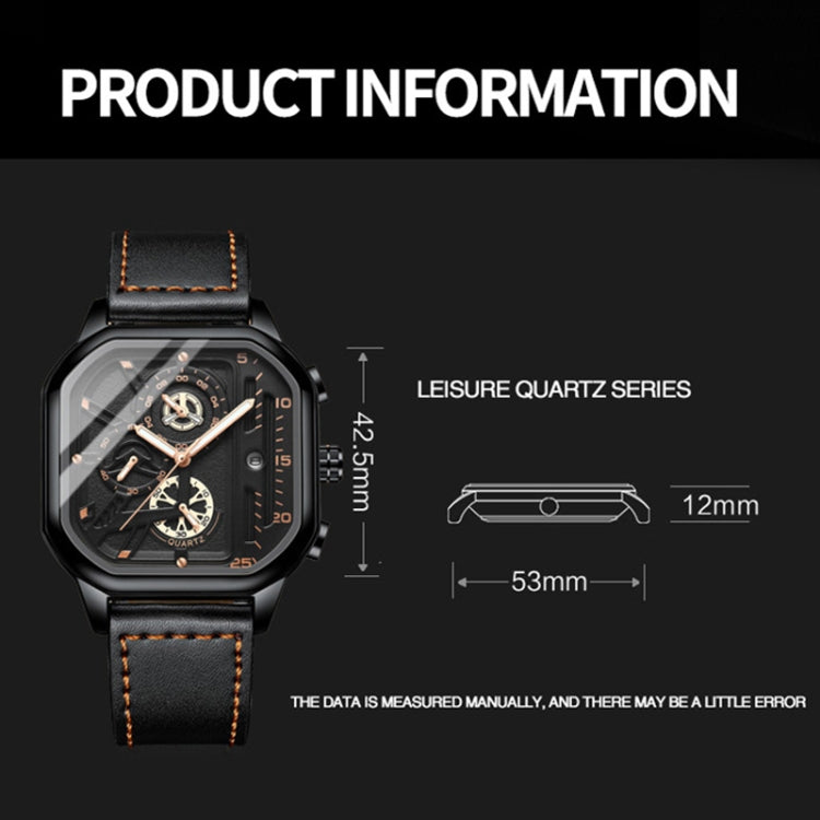 BINBOND B6577 30M Waterproof Luminous Square Quartz Watch, Color: Black Leather-Black-Rose Gold - Leather Strap Watches by BINBOND | Online Shopping UK | buy2fix