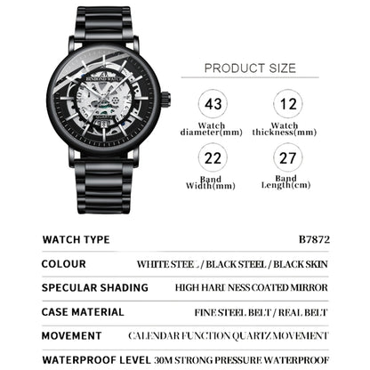 BINBOND B7872 Multifunctional Hollow Luminous Waterproof Quartz Watch, Color: Black Steel-Black-White - Metal Strap Watches by BINBOND | Online Shopping UK | buy2fix